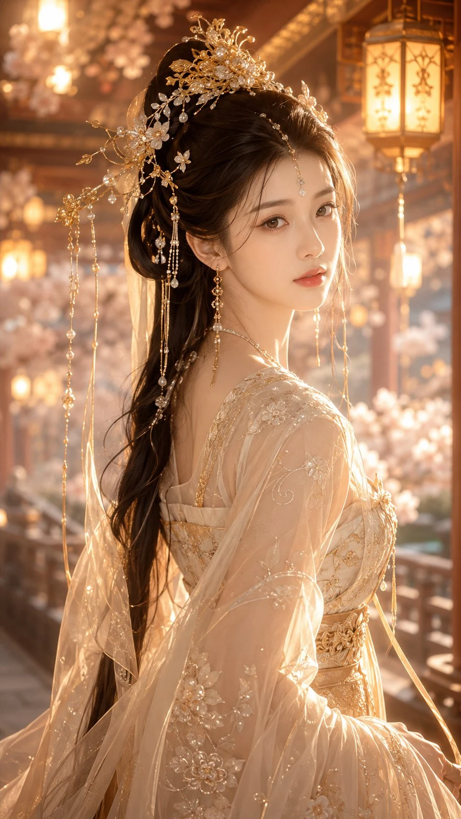 Elegant Oriental fantasy woman in golden hanfu with