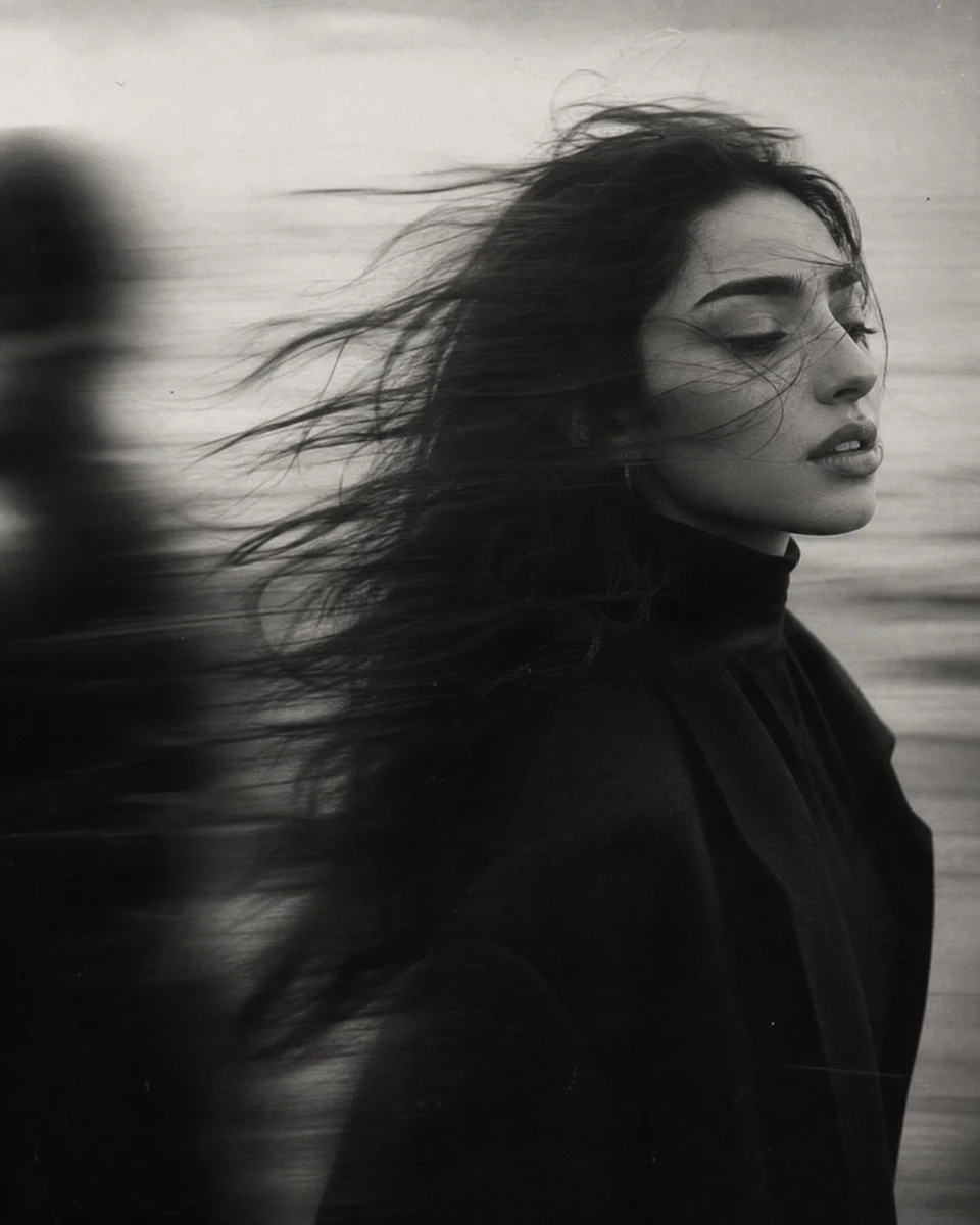 windblown black coat portrait by the sea