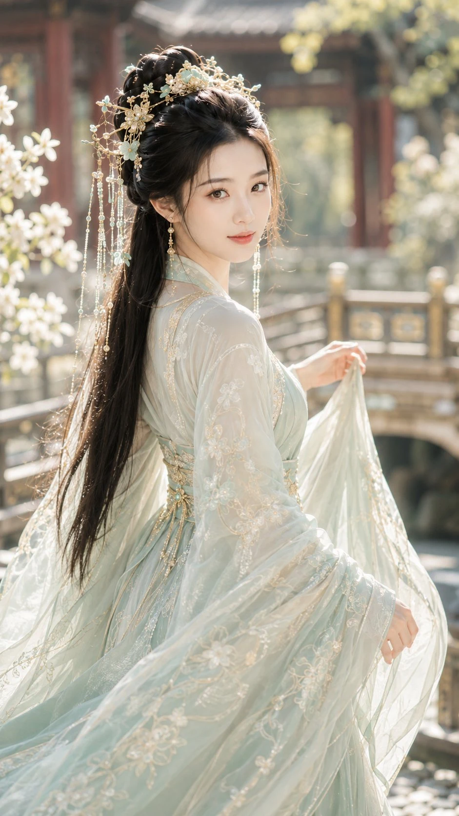 Elegant Eastern Woman in Green Xianxia Hanfu with