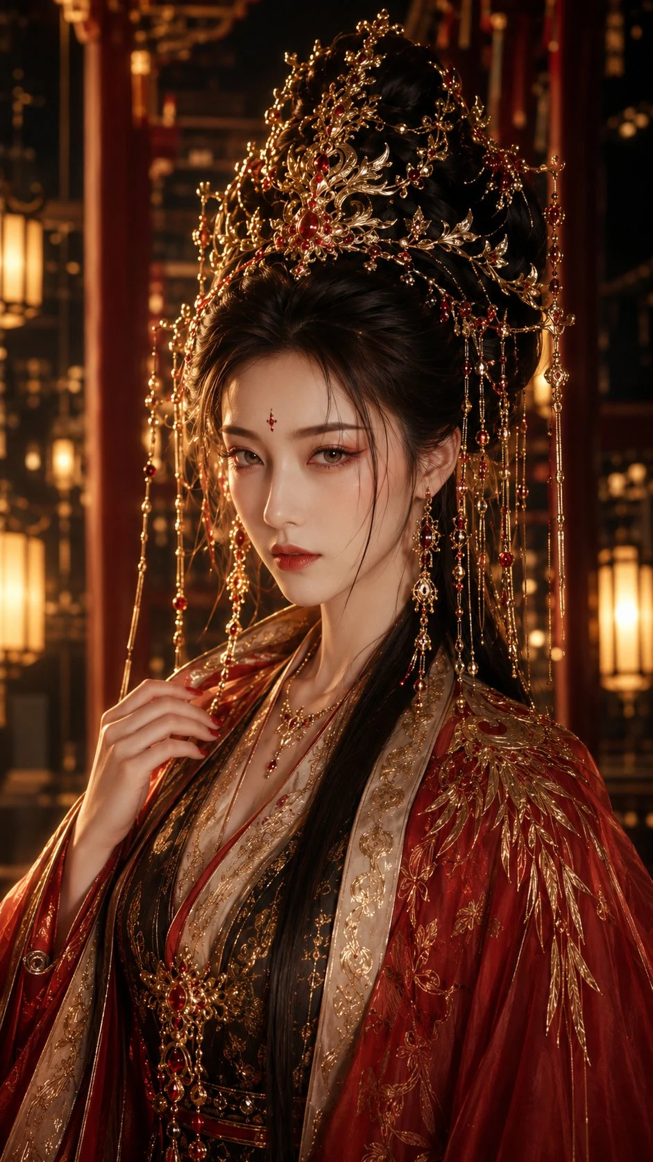 Ancient Chinese fantasy queen in red and gold hanfu