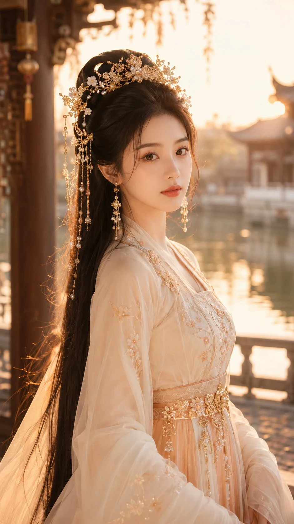 Elegant chinese fantasy heroine by water pavilion