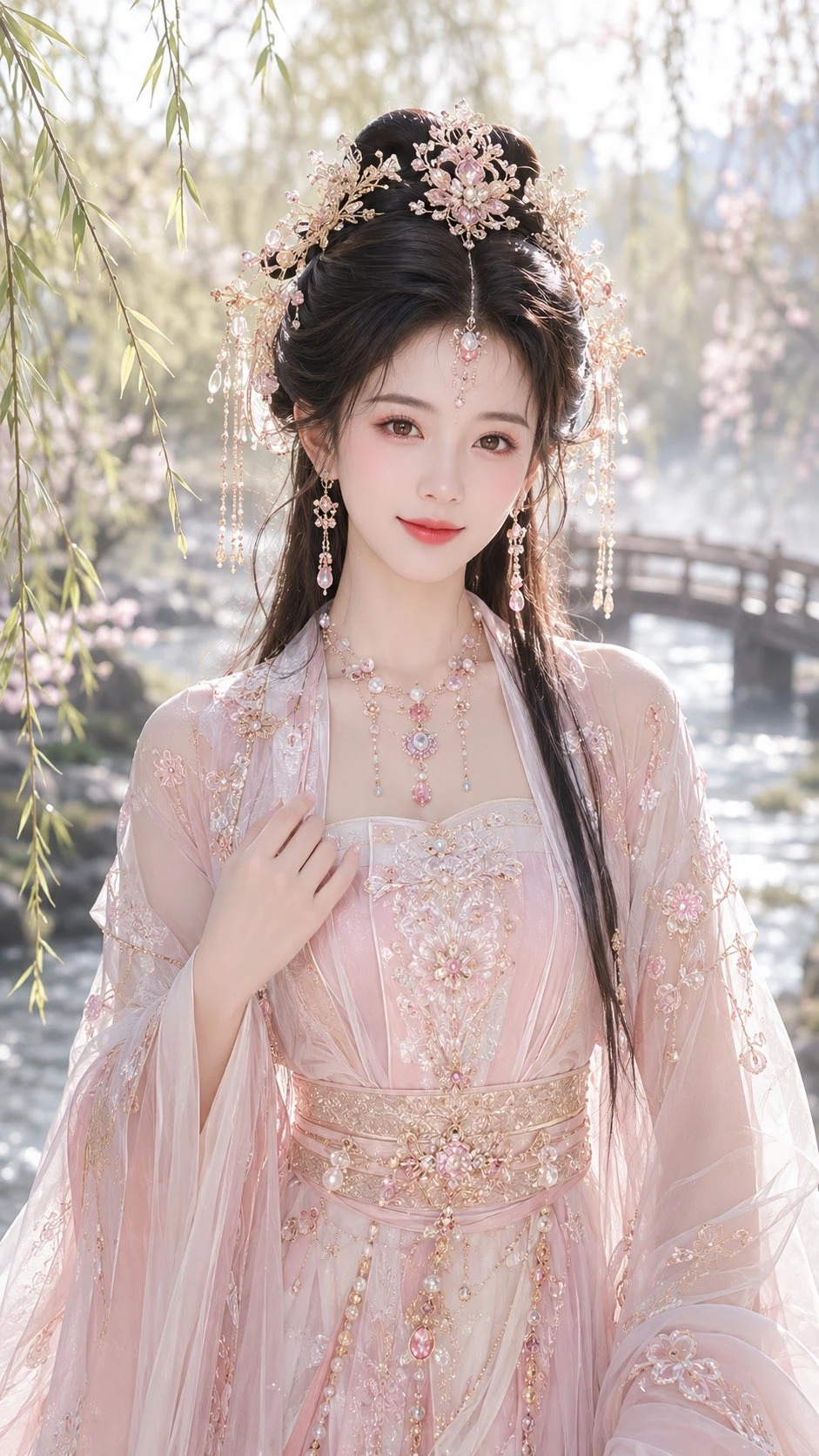 Elegant Eastern Woman in Pink Hanfu by Spring Stream