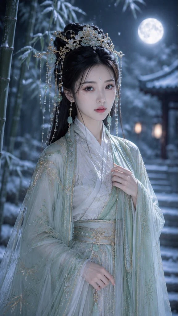 Elegant xianxia heroine in jade green hanfu under
