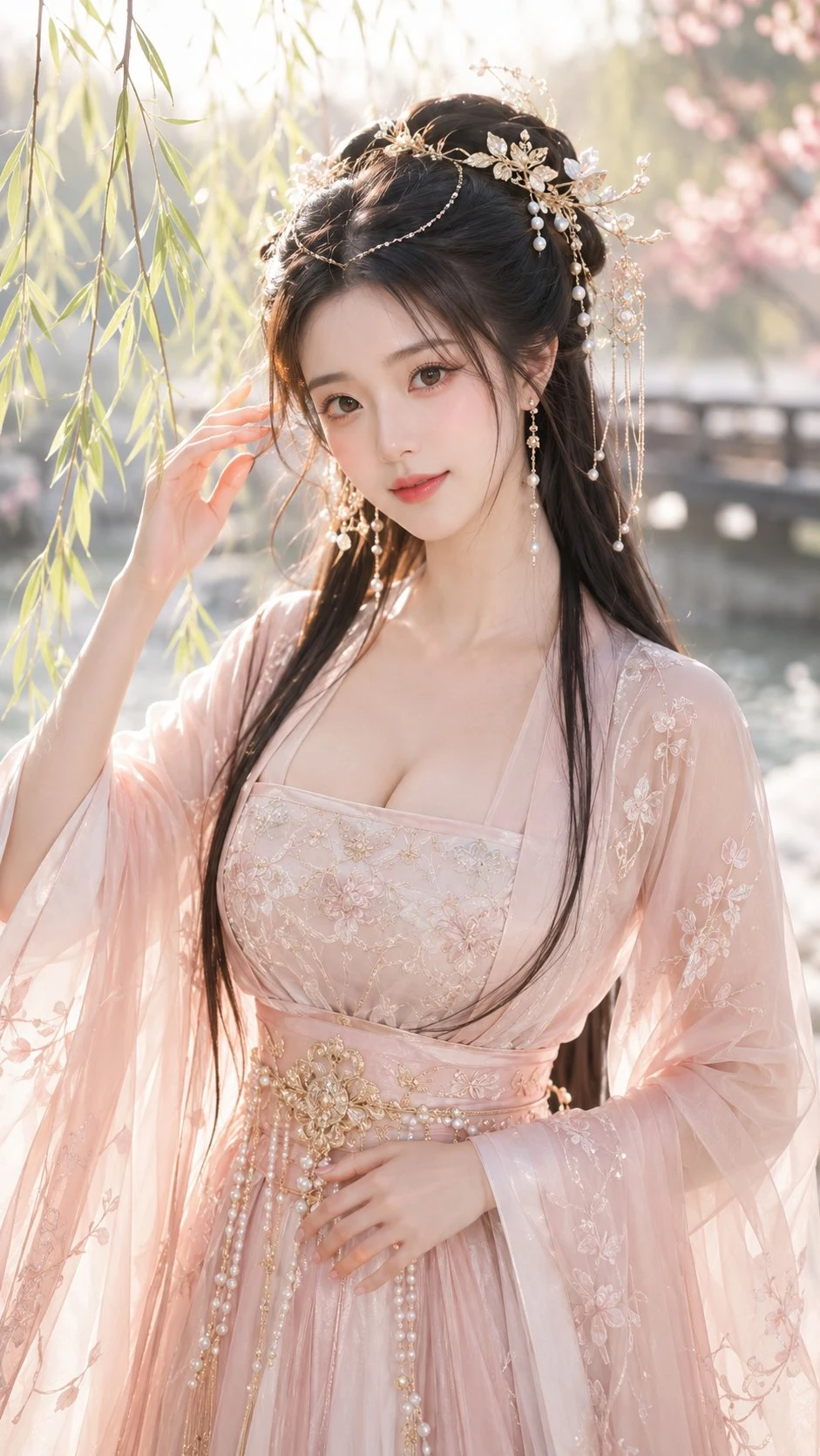 Elegant Hanfu woman by willow and stream in soft