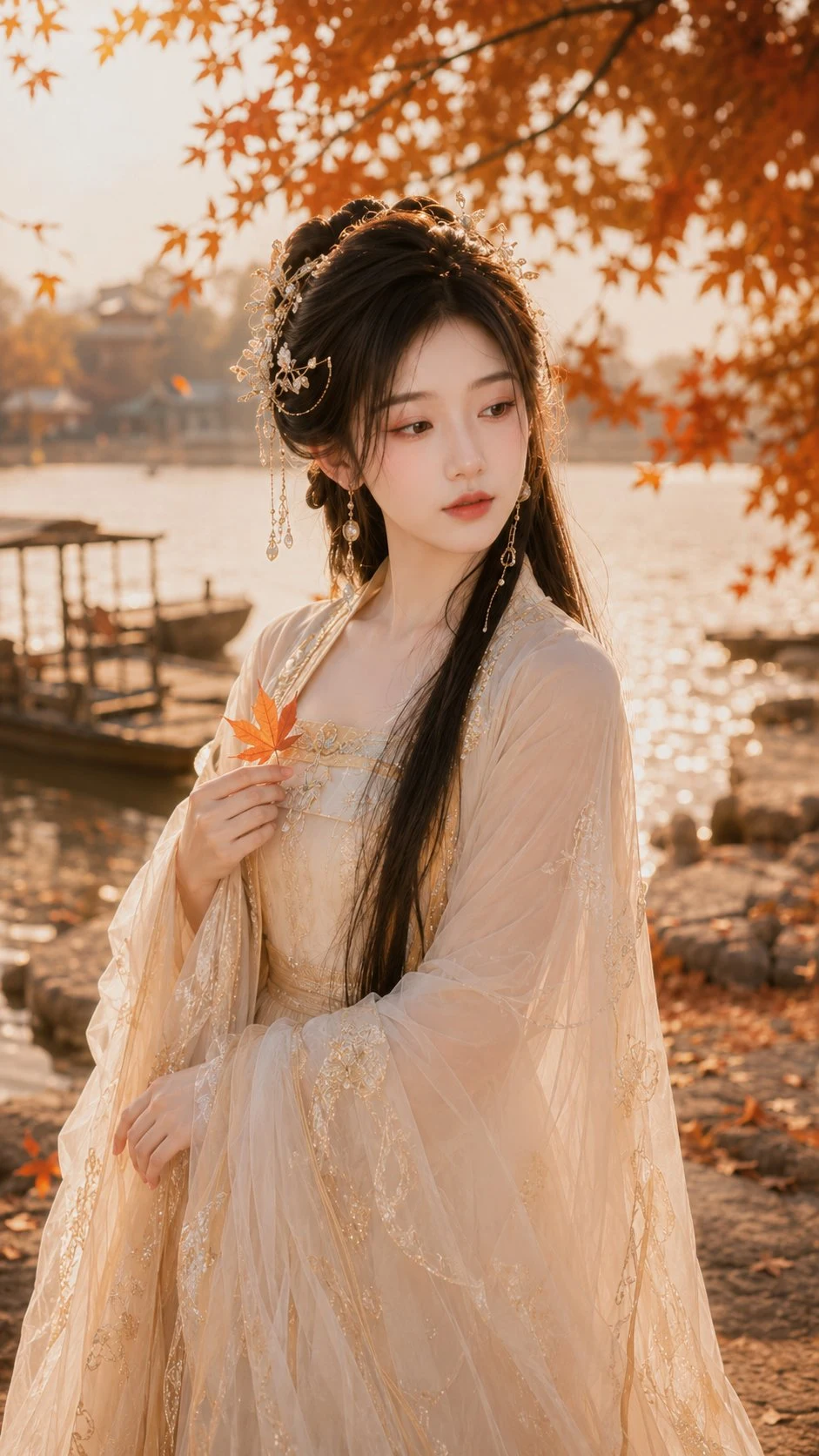 Ethreal Ancient Chinese Hanfu Woman in Autumn