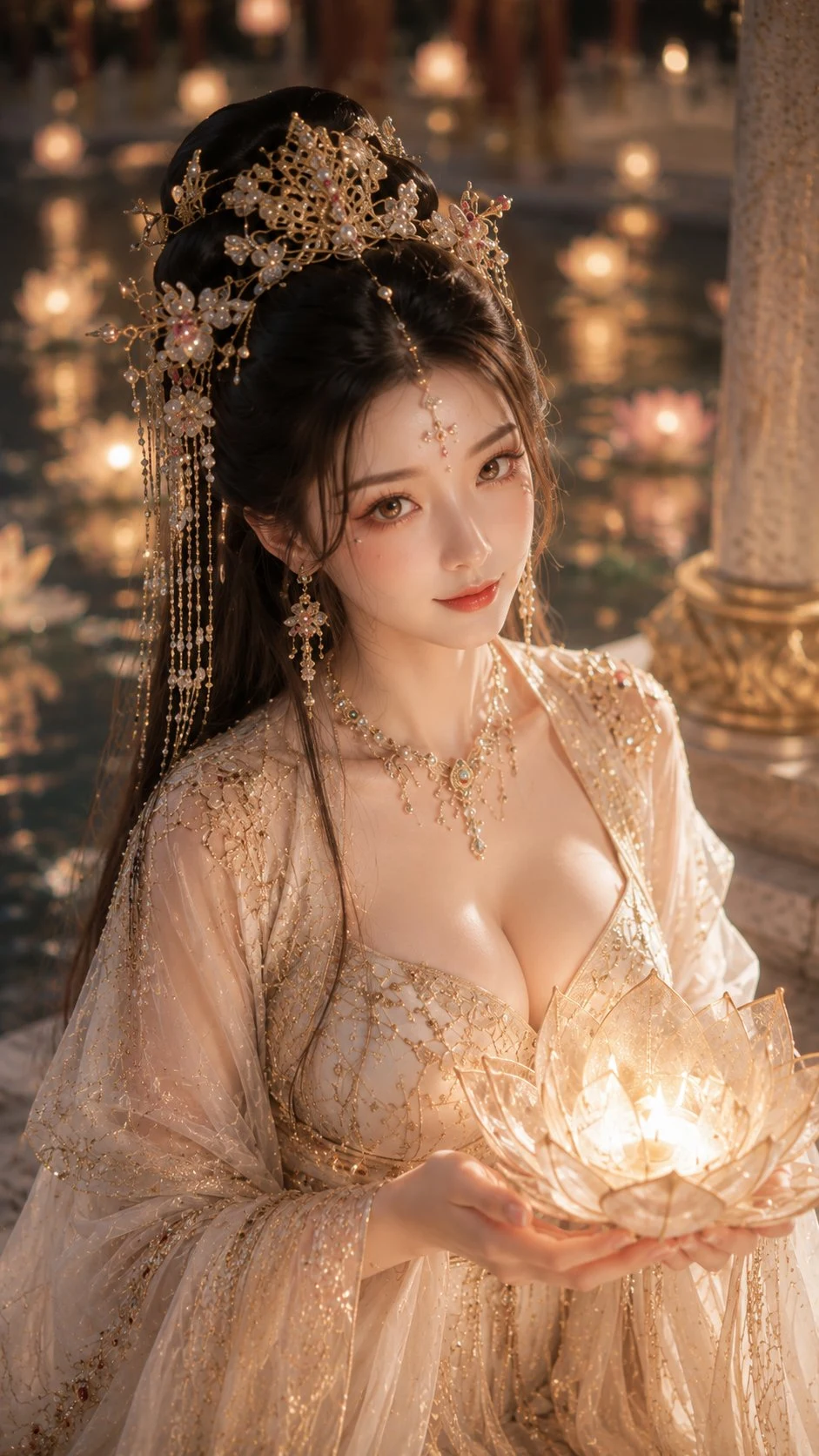 Eastern fantasy heroine holding lotus lantern by