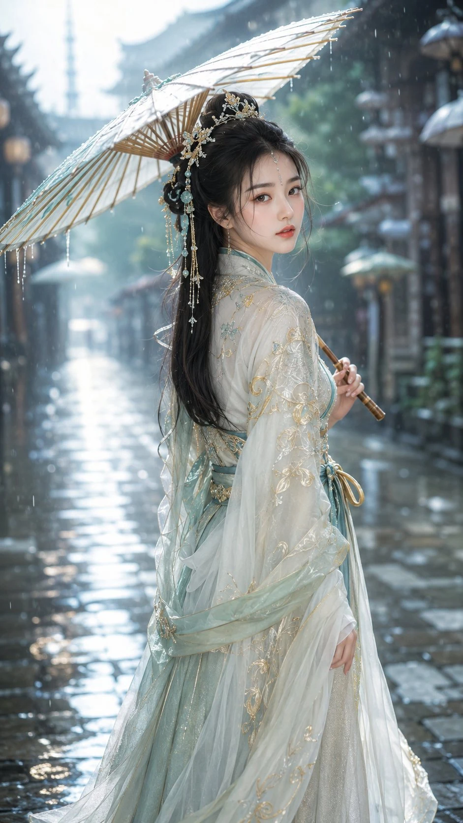 Ancient Chinese fantasy woman in hanfu with umbrella