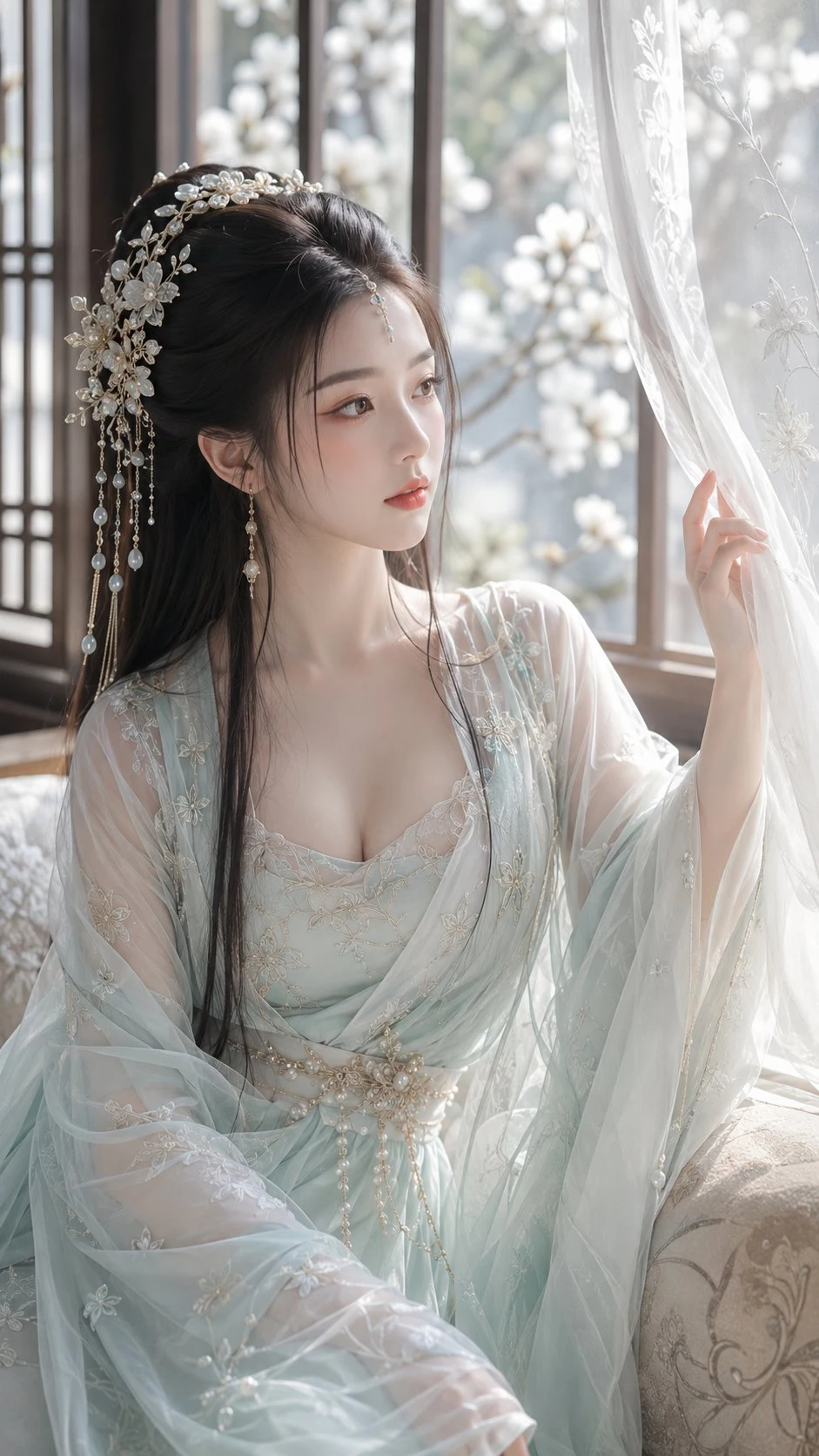 Ancient Chinese xianxia noblewoman in pastel hanfu