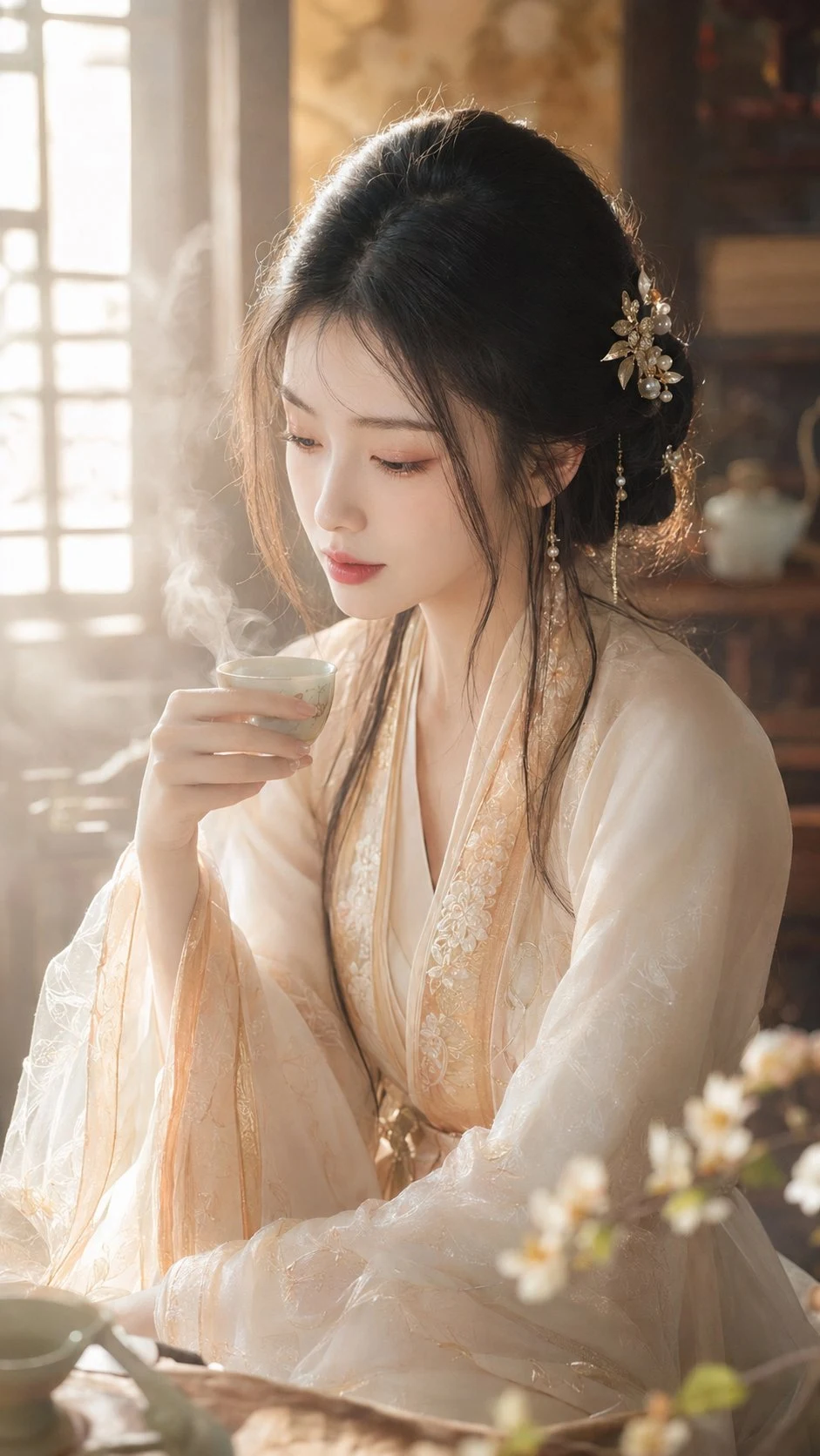 Elegant Chinese Hanfu Woman Drinking Tea in Warm