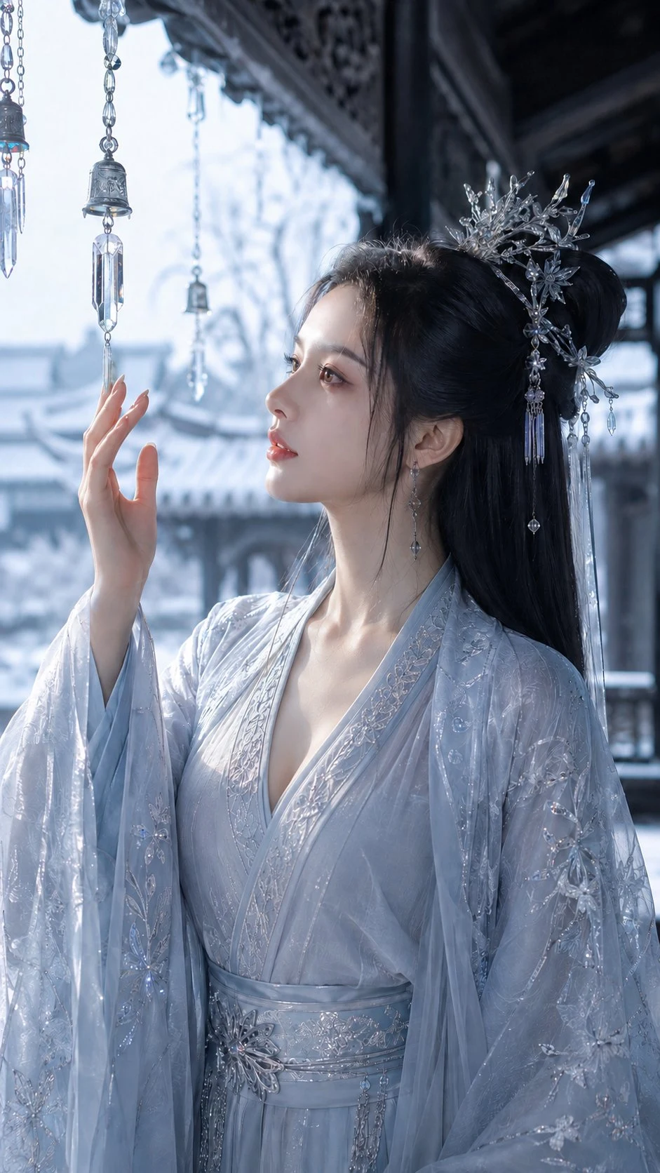 Ethereal xianxia goddess in icy blue hanfu touching