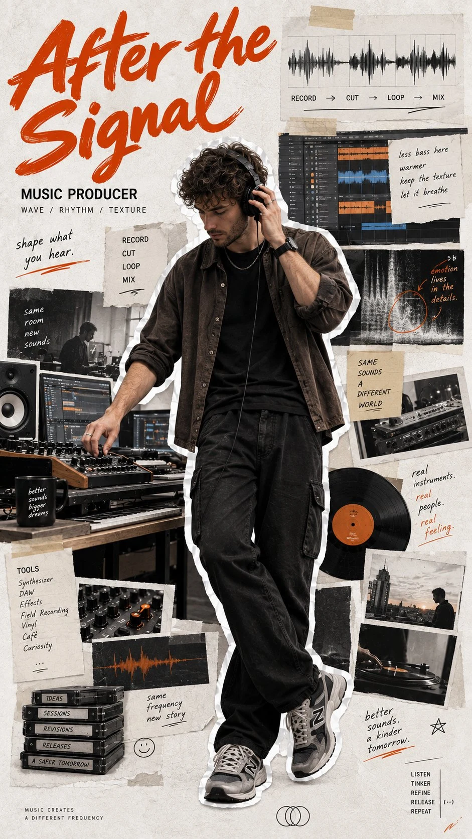 Editorial collage poster of music producer at mixing
