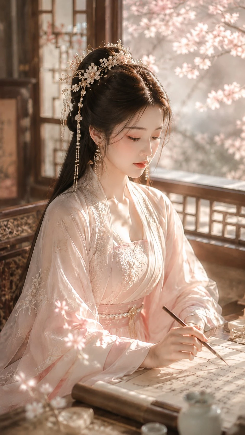 young woman writing calligraphy in pink hanfu by