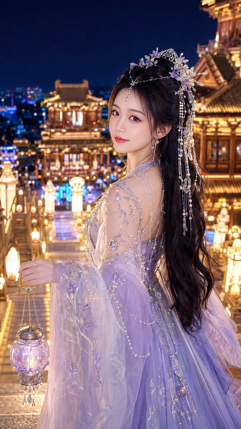 Elegant Chinese fantasy woman in lavender hanfu