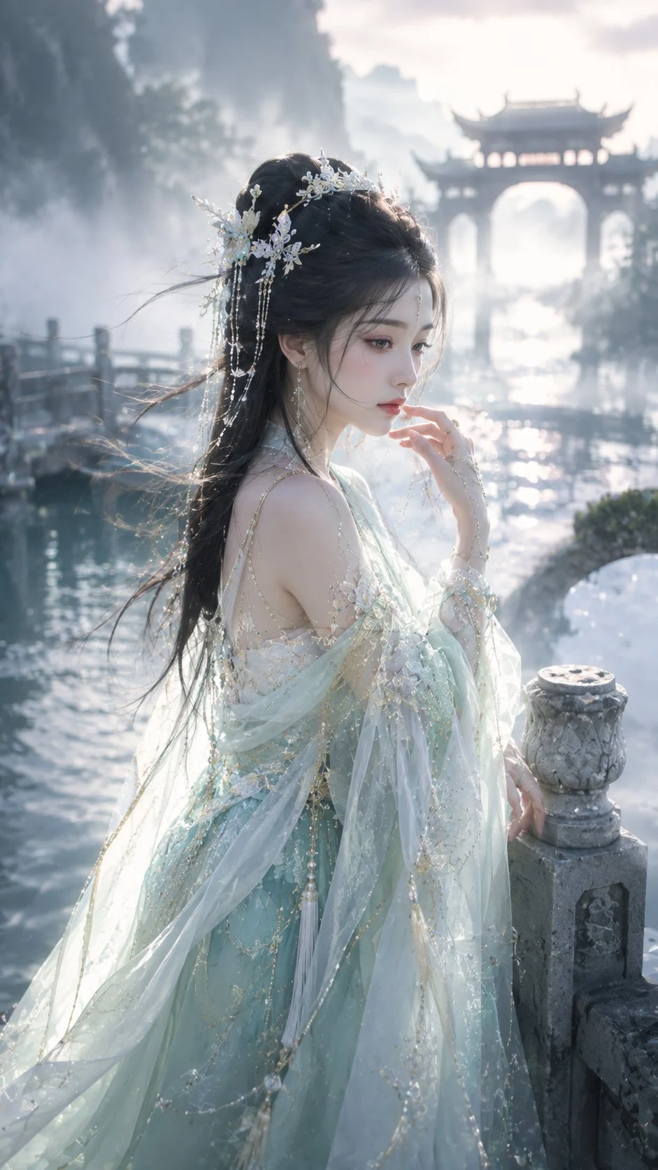 Ethereal xianxia heroine portrait on misty ancient