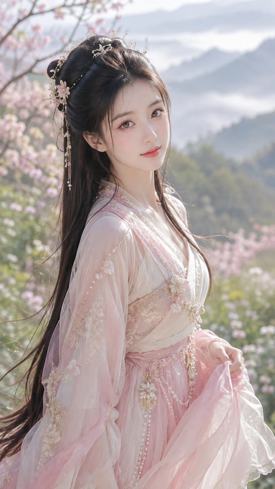Elegant Chinese xianxia princess portrait in spring