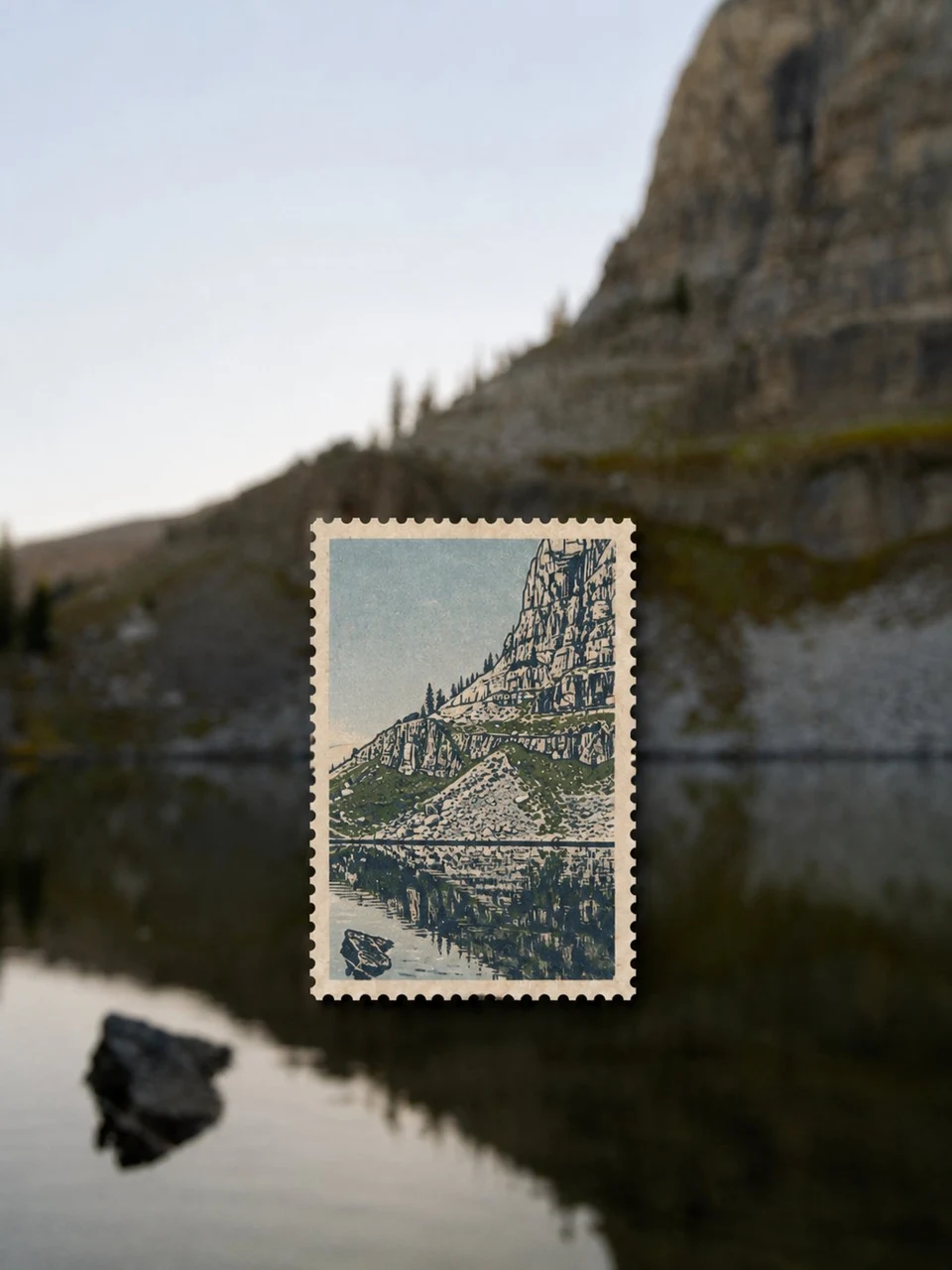 Mountain Lake Stamp With Blurred Background Linocut
