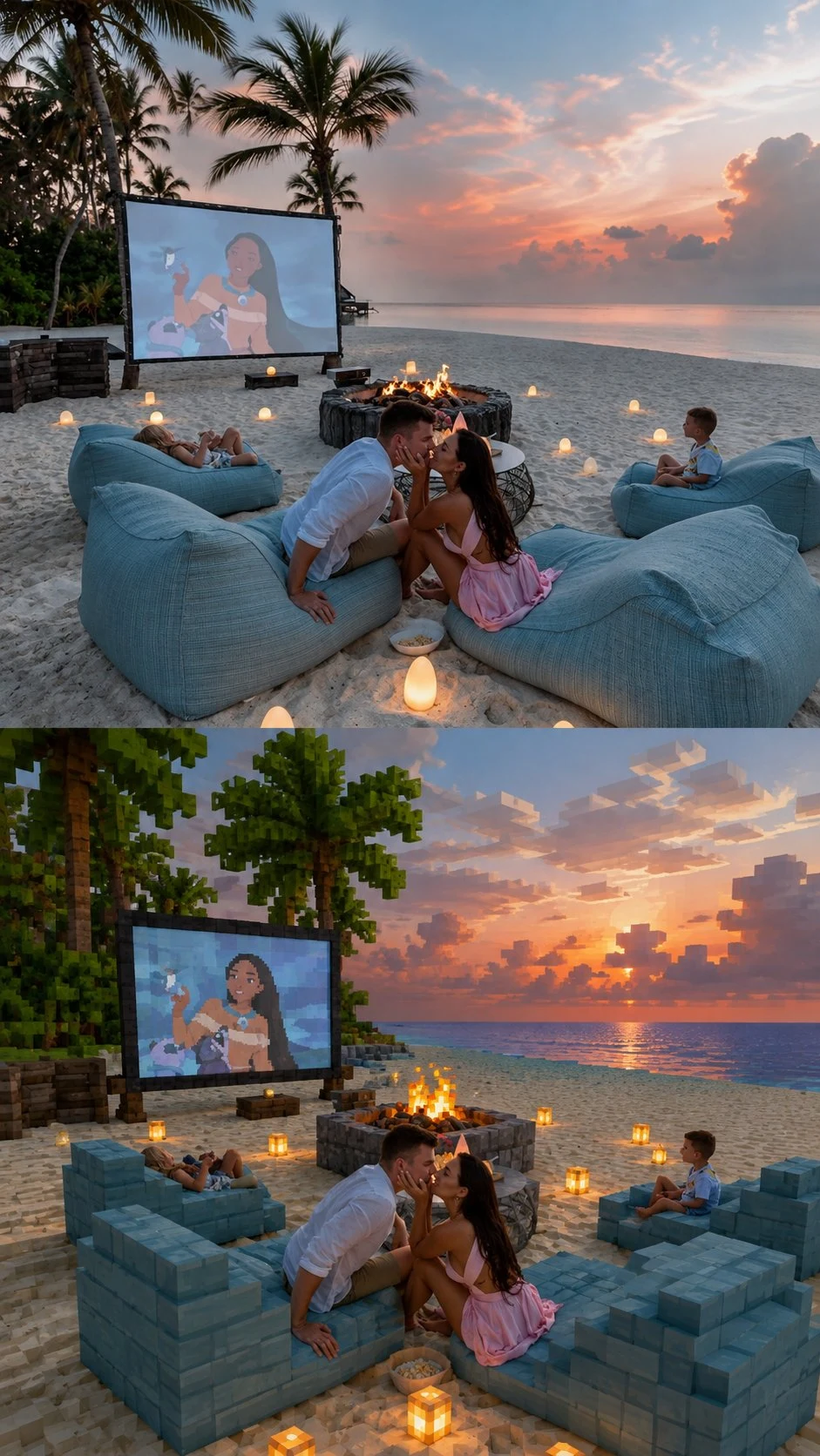 Beach outdoor movie night before and after Minecraft