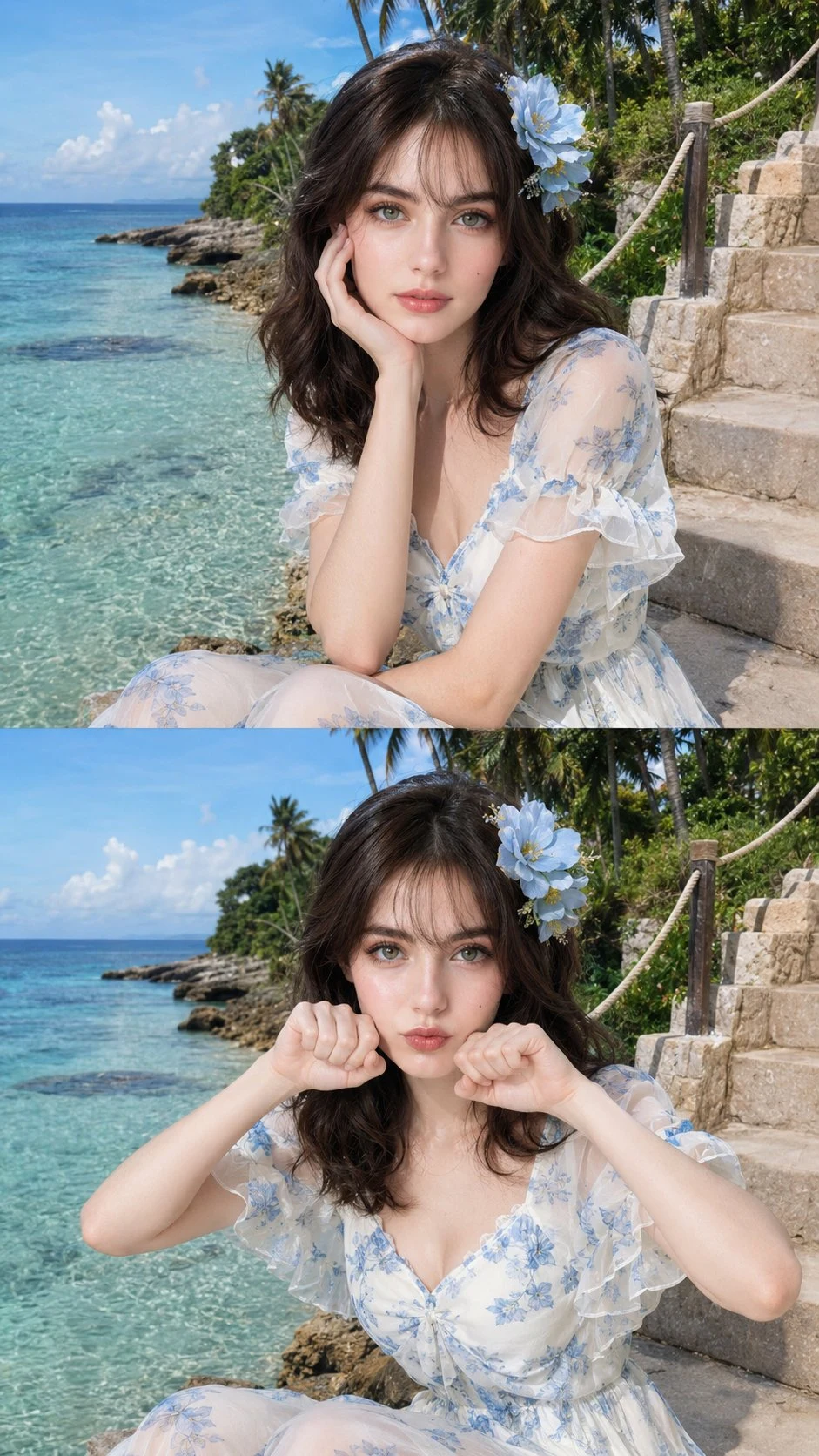 collage portrait of young woman in floral dress by