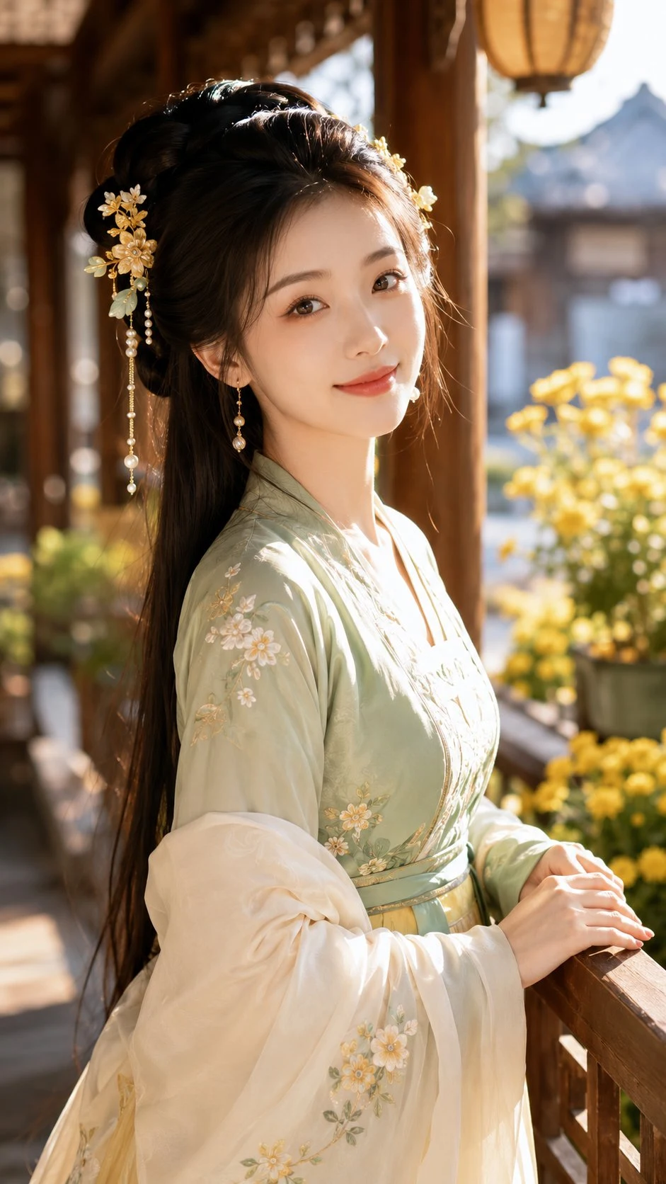 Young woman in traditional hanfu by wooden corridor