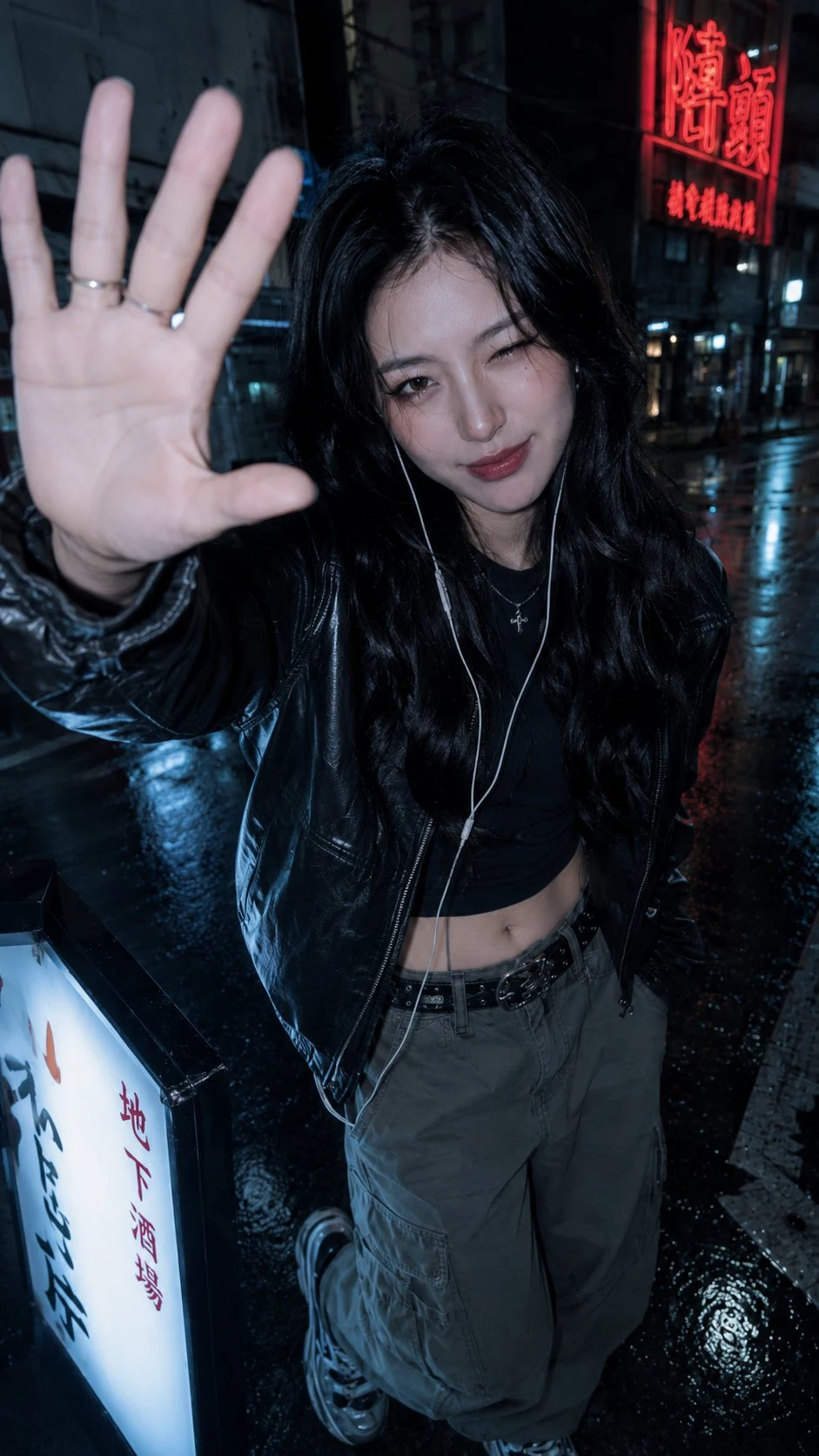 woman holding hand to camera on rainy neon street at