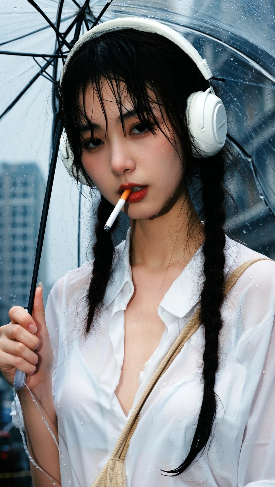 moody cinematic portrait of woman in rain with