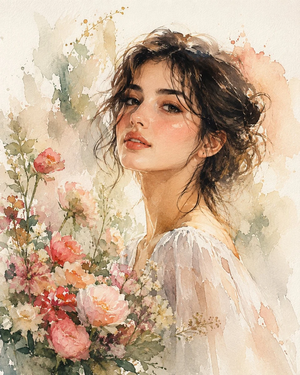 Woman Among Roses Watercolor Portrait