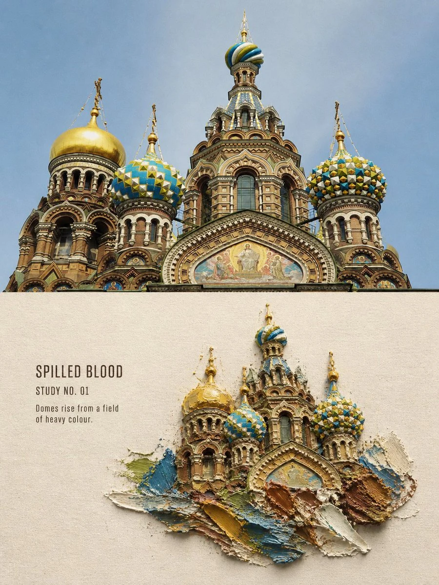 Church Domes From Thick Acrylic Paint on Paper