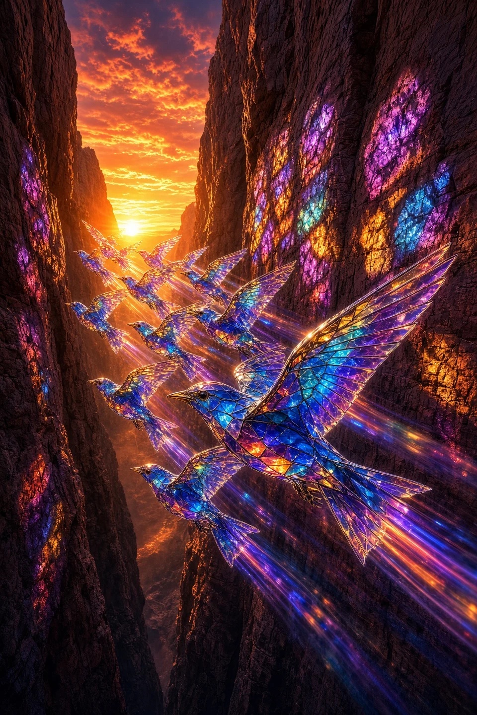 stained glass birds flying through canyon at sunset