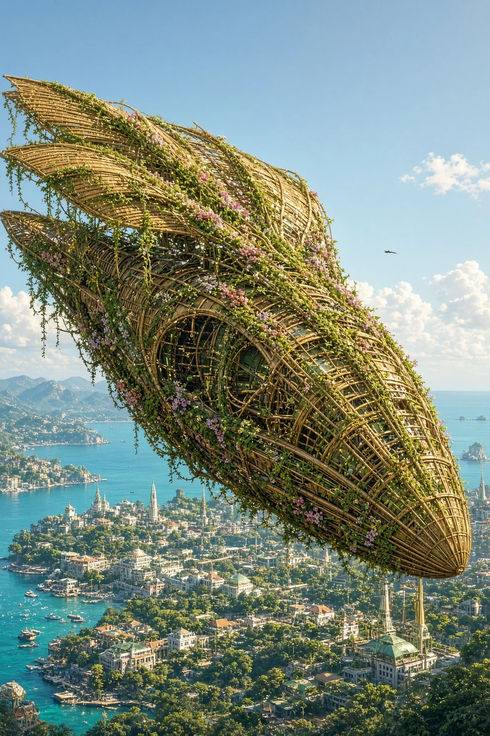 Massive Bamboo Solarpunk Airship Over Coastal City