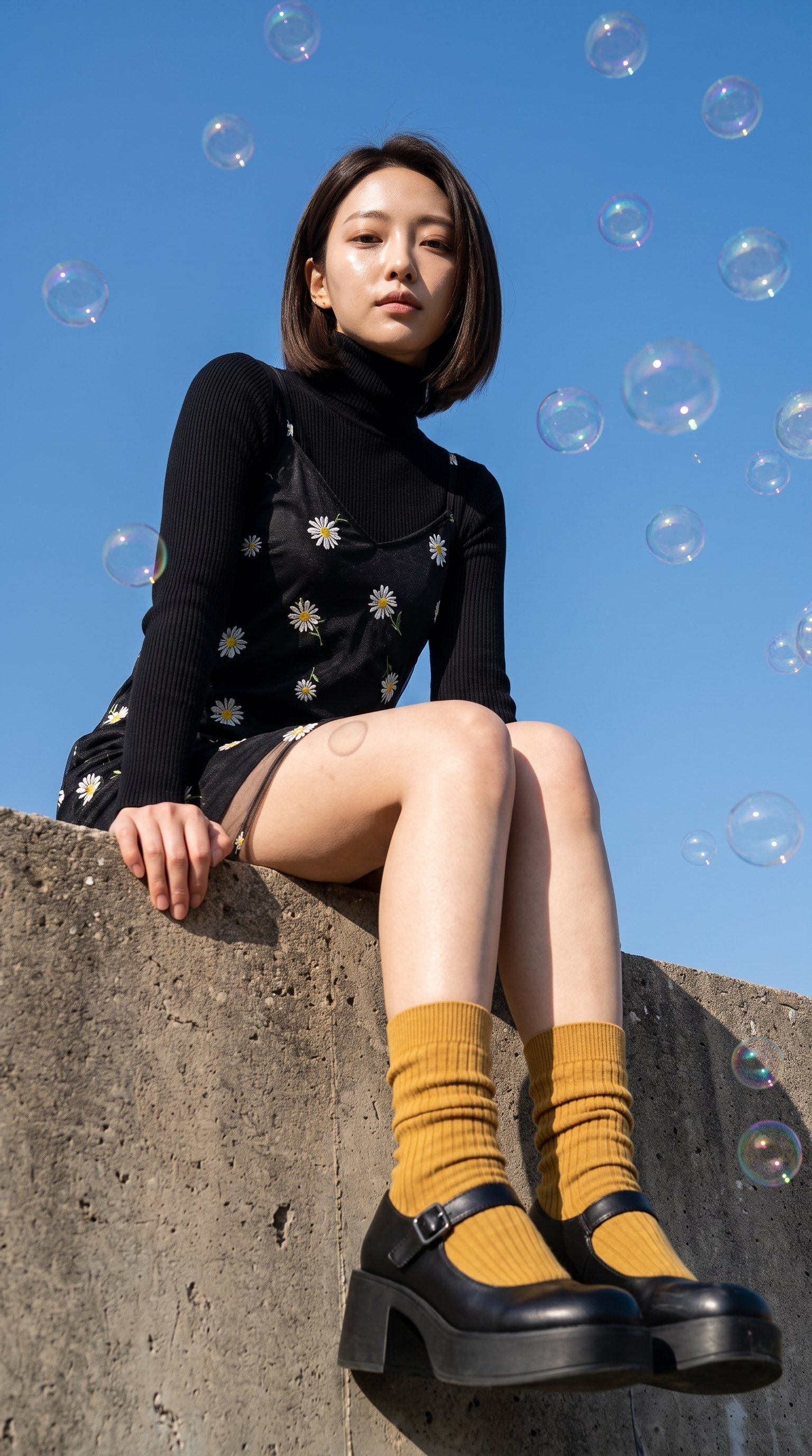 Young Woman With Bob Sitting On Concrete Wall Among