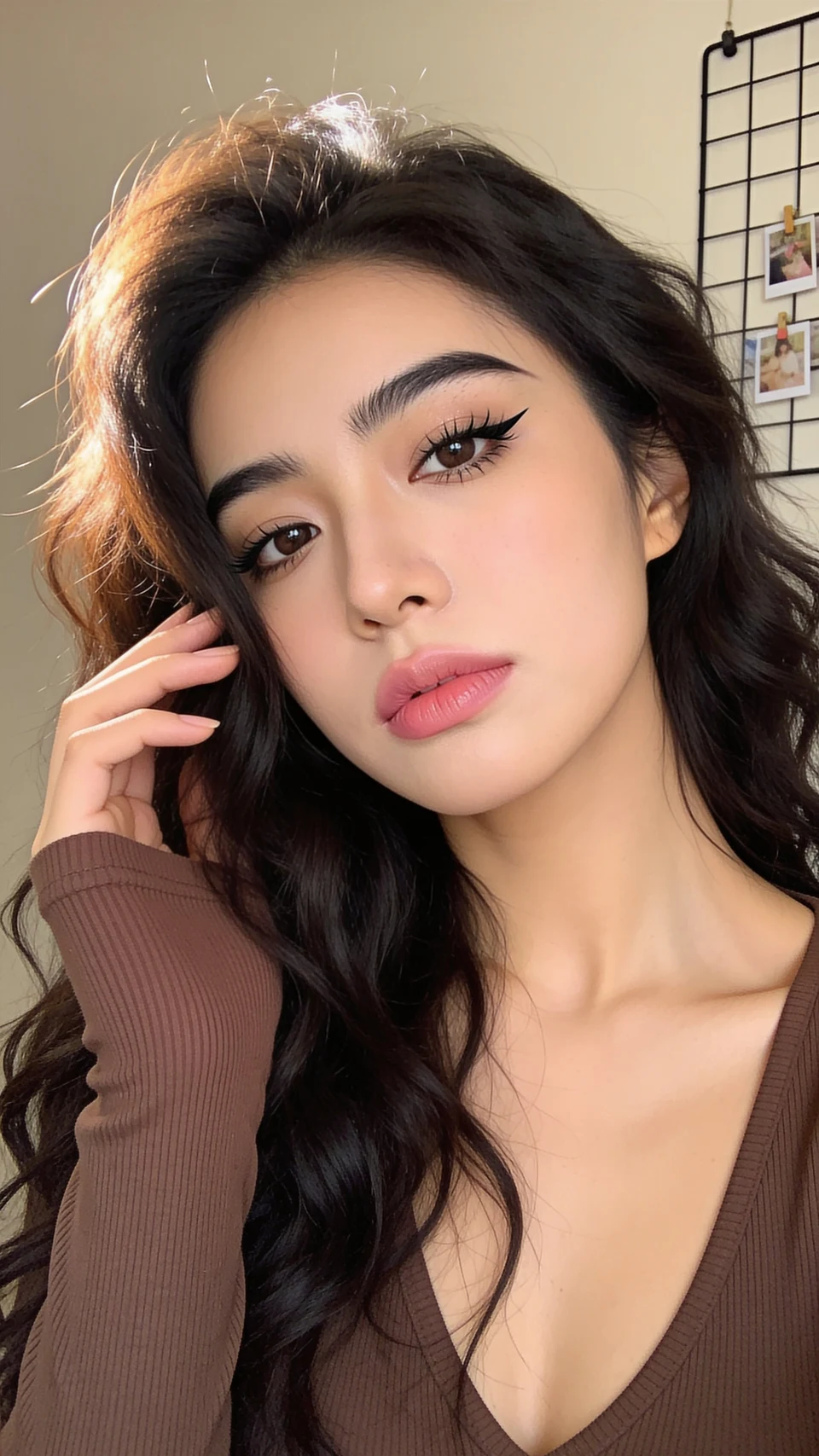 Portrait of young woman with wavy hair and winged