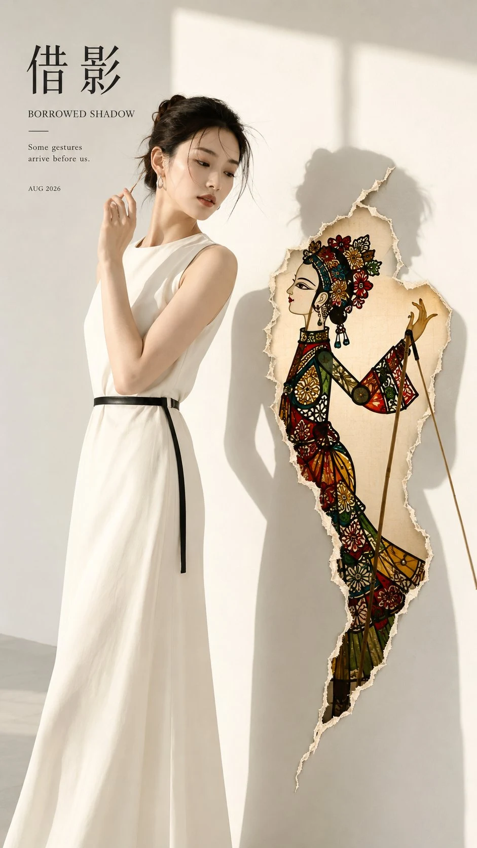 Chinese woman in white dress beside torn paper