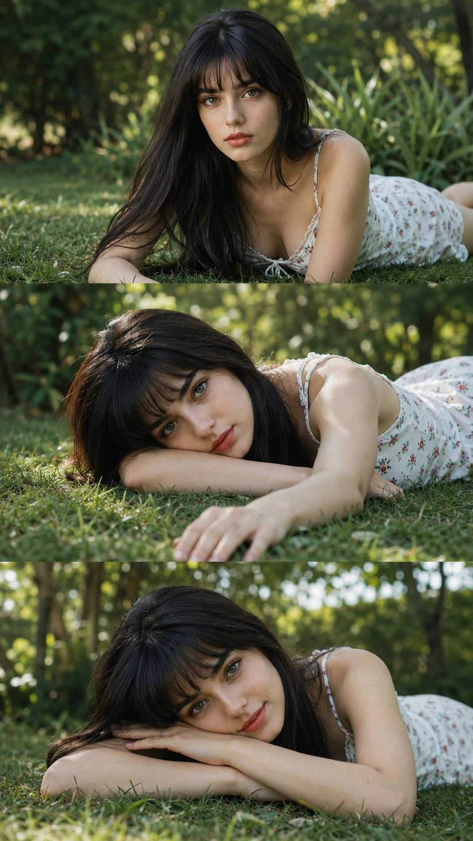 Woman in Floral Dress Lying on Garden Grass Portrait