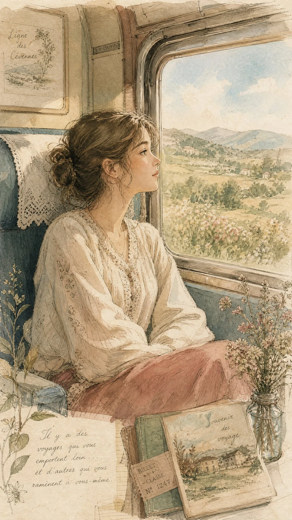 Woman gazing out train window in vintage railway