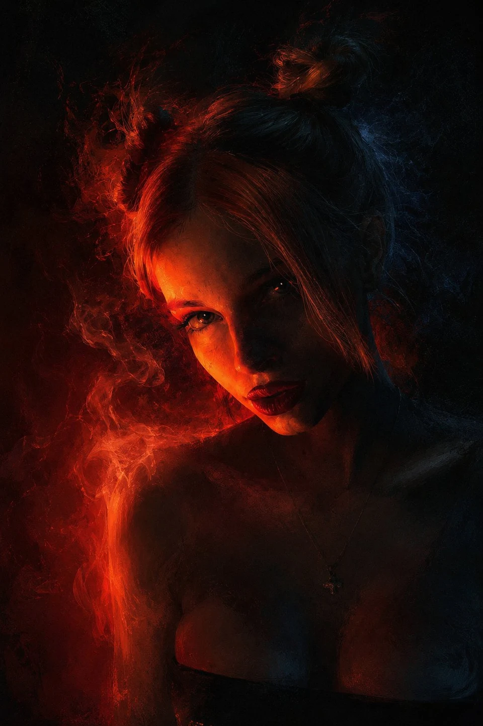 Dramatic chiaroscuro portrait of woman with glowing