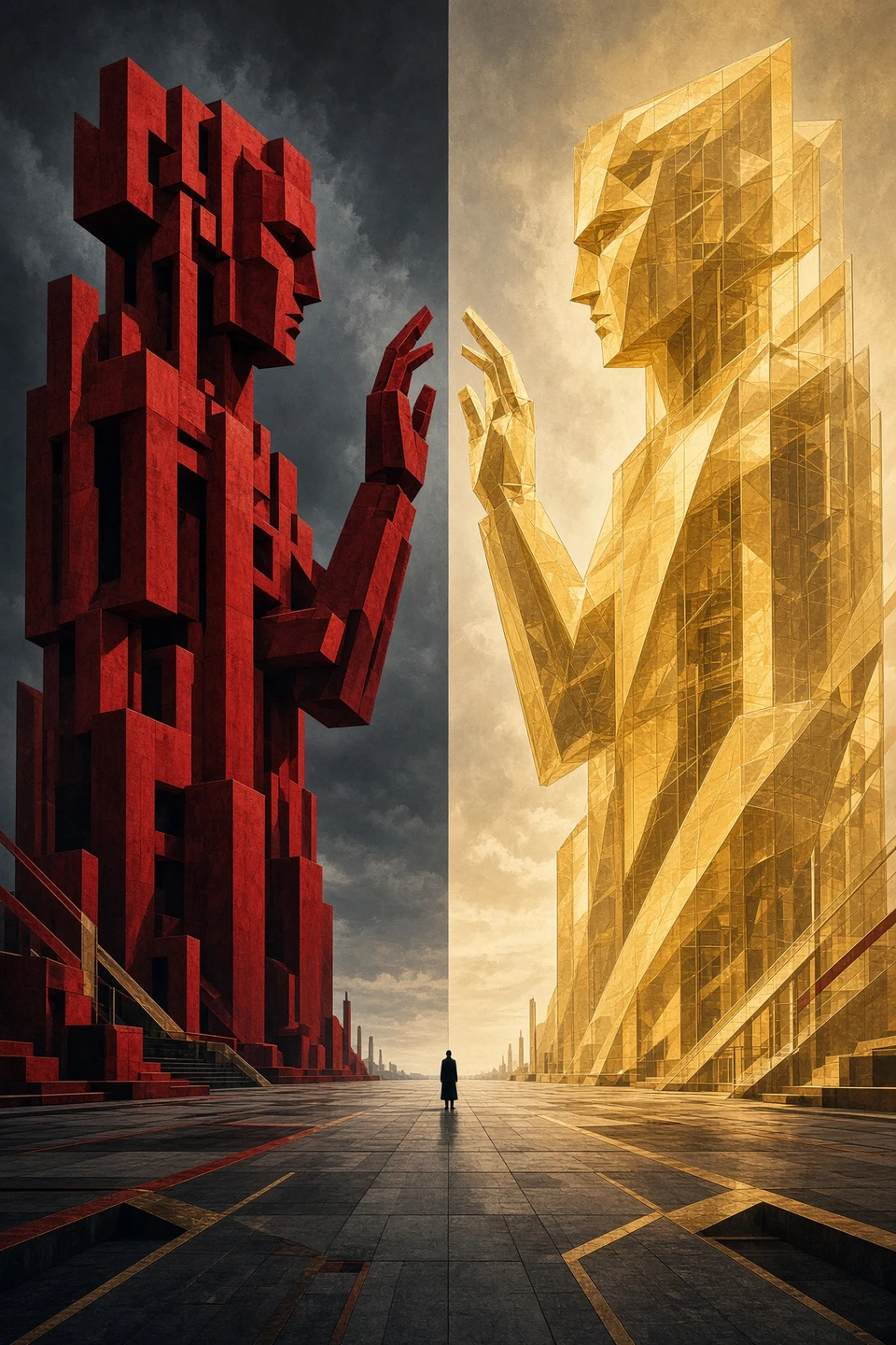 Colossal geometric figures of red and gold facing