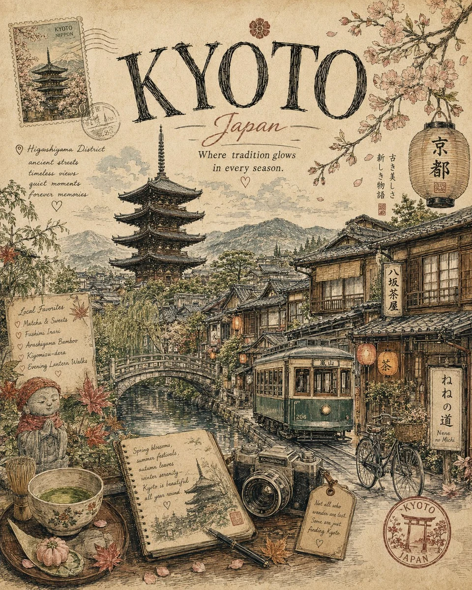 Vintage Kyoto Travel Poster Illustration