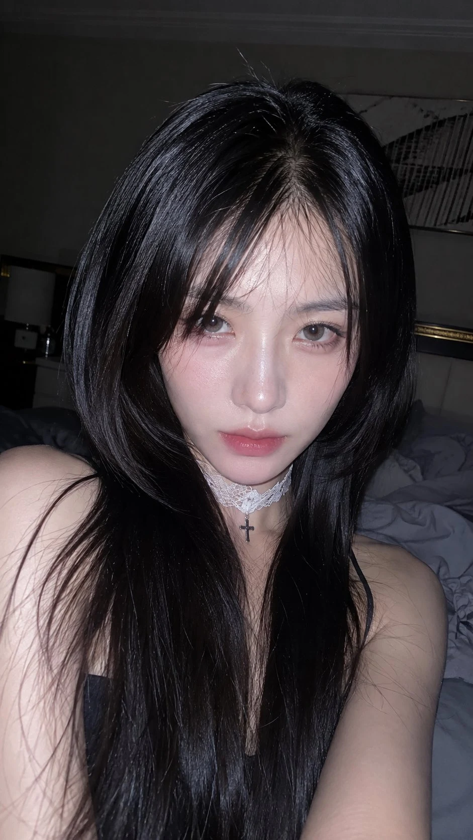 dark moody portrait of slender east asian woman with