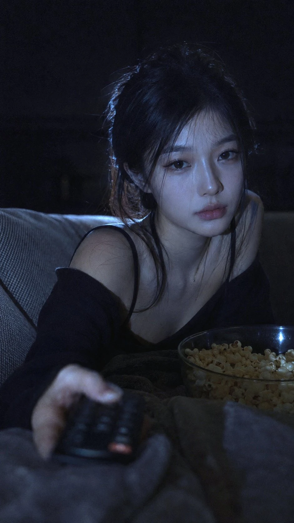Korean woman watching movie at home in low light