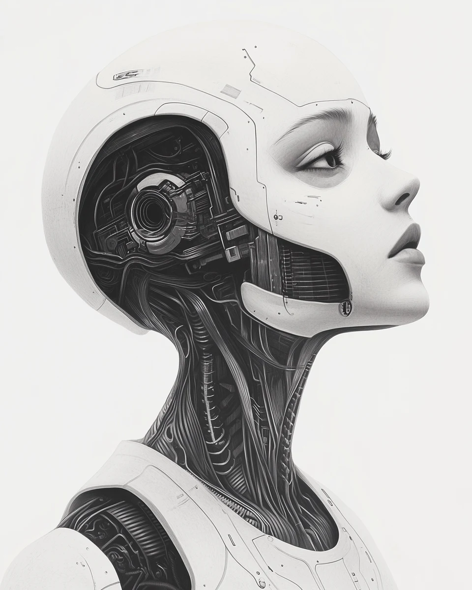 Robotic Woman Portrait with Exposed Mechanical