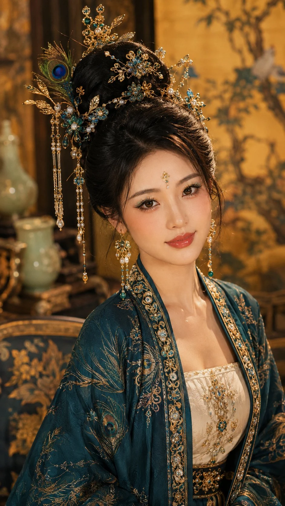 Eastern classical beauty portrait in peacock blue