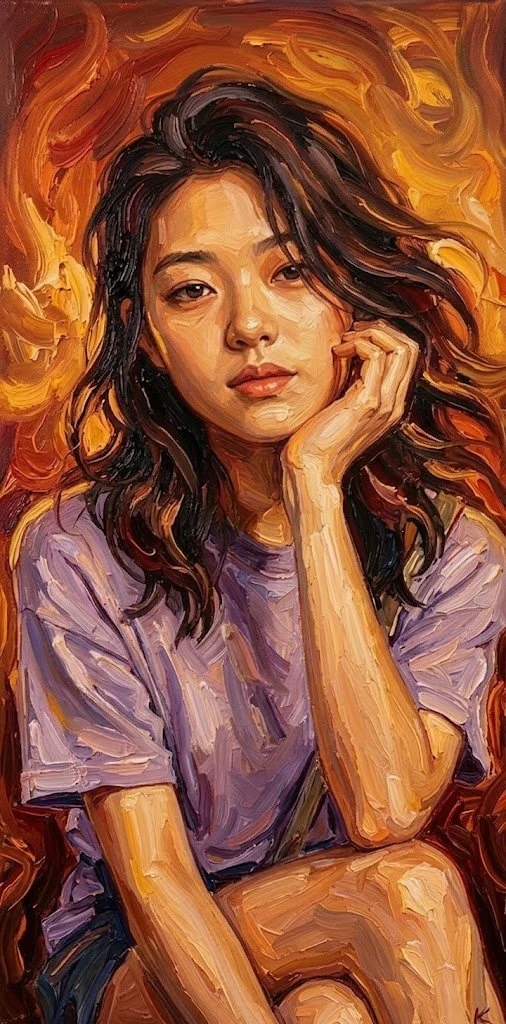 Oil painting portrait of young East Asian woman