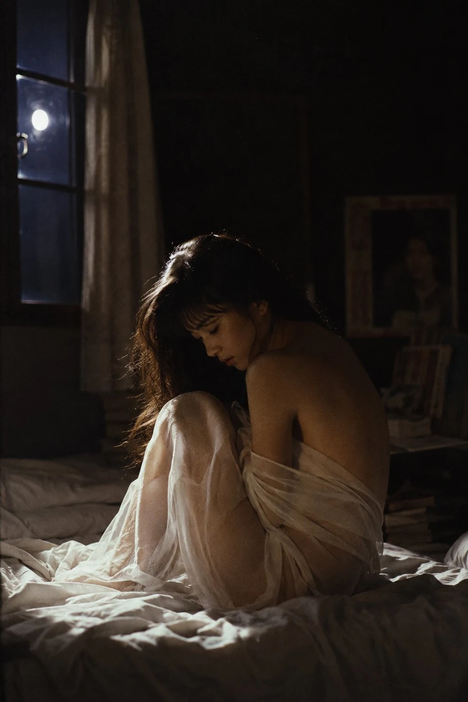 Nostalgic 1980s Japanese Woman in Gauze on Bed by