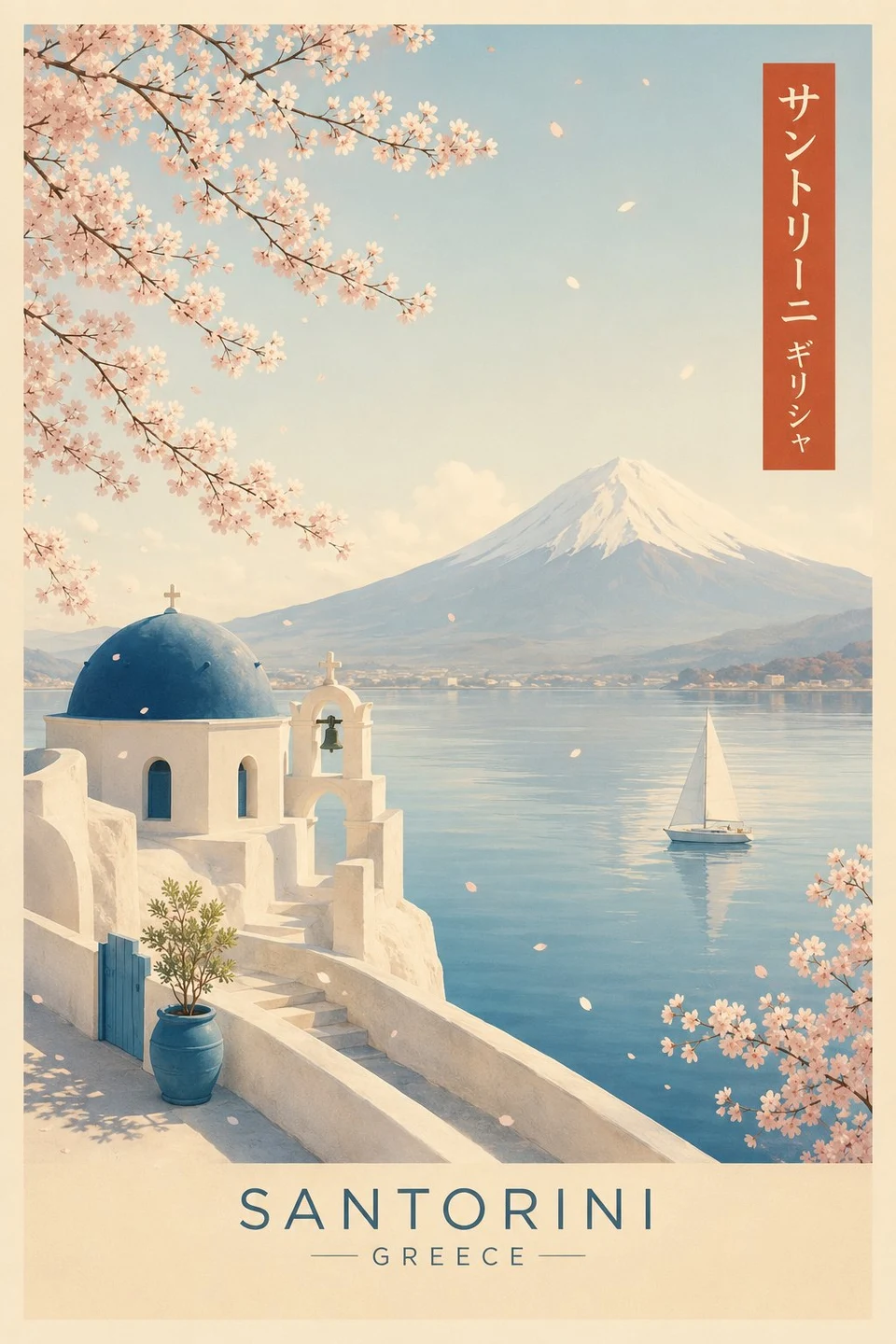 Santorini Greece vintage travel poster illustration
