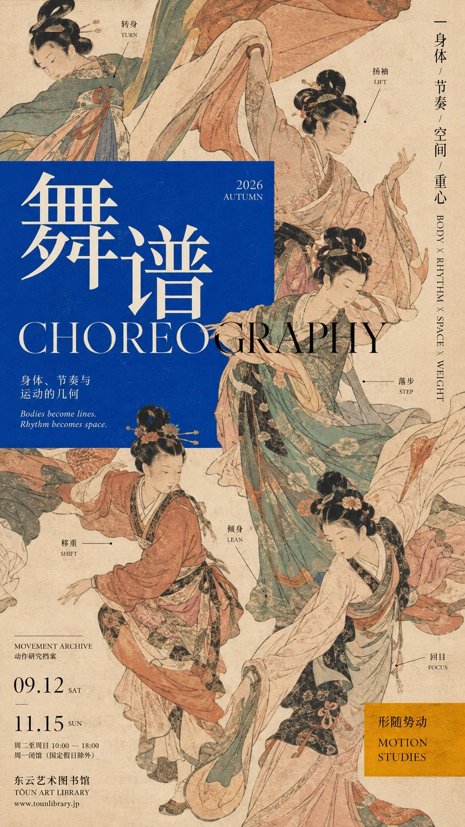 choreography exhibition poster with ukiyo-e women