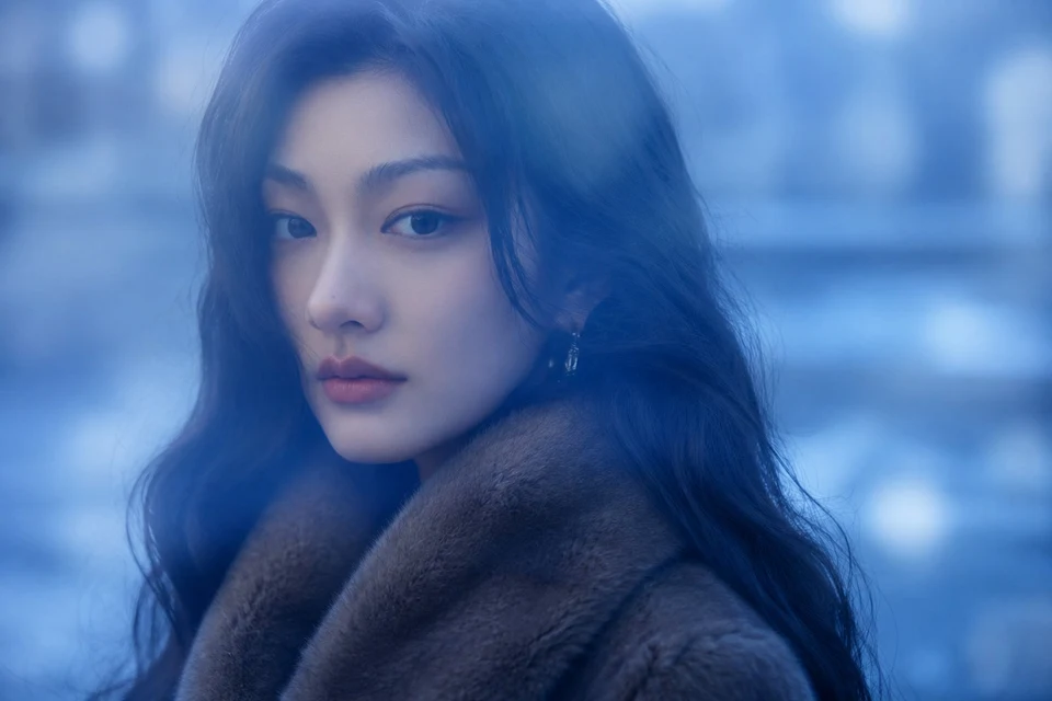 Contemplative woman in fur coat against blue bokeh