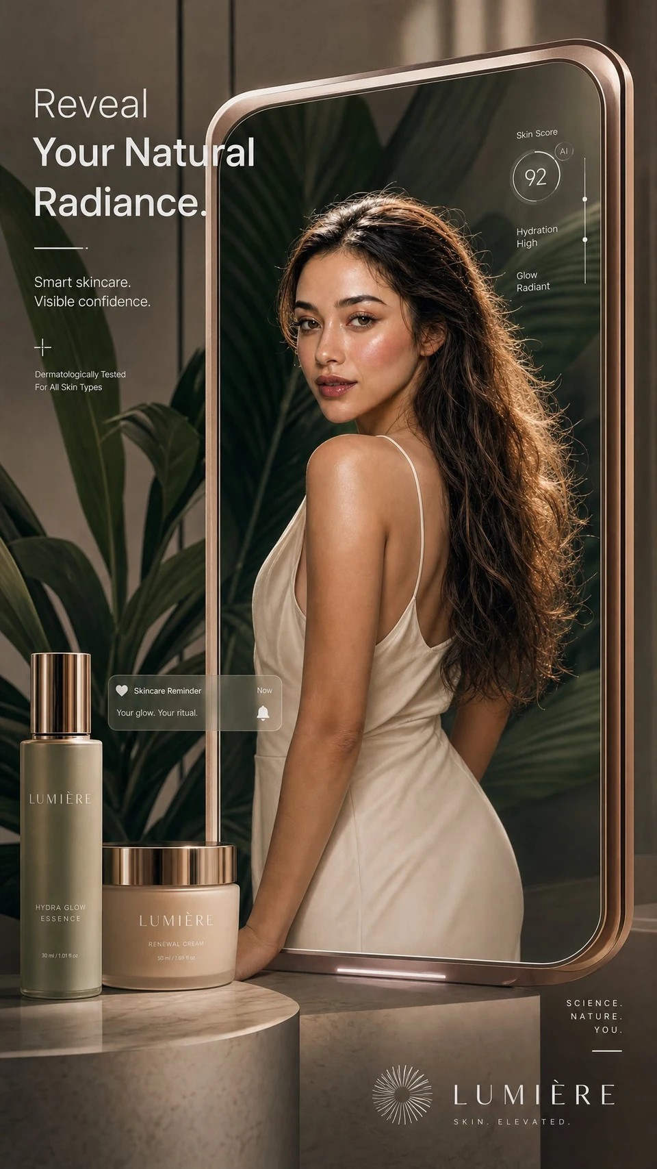 Luxury skincare ad with glowing woman
