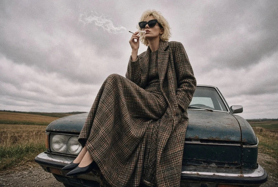 Cinematic fashion editorial woman in vintage plaid