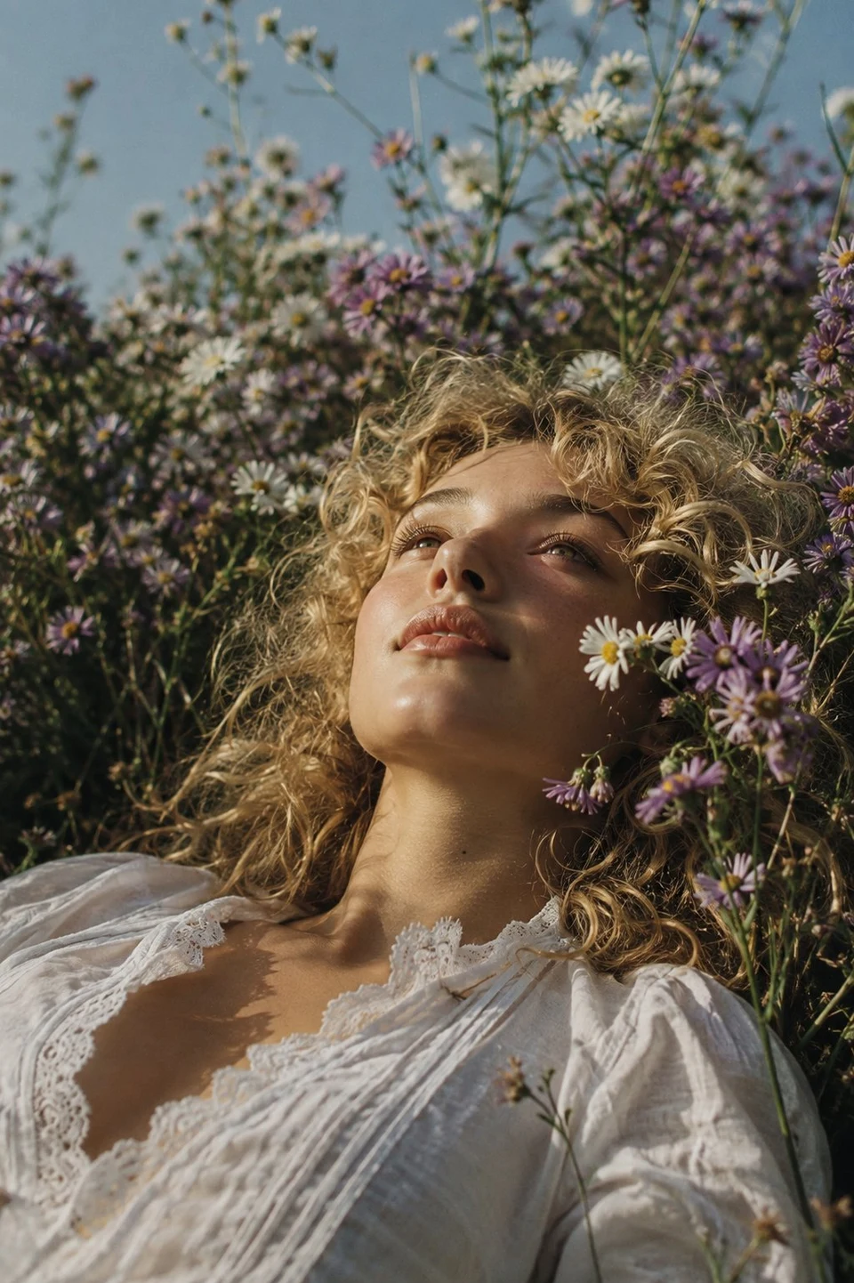 young woman lying in wildflower field