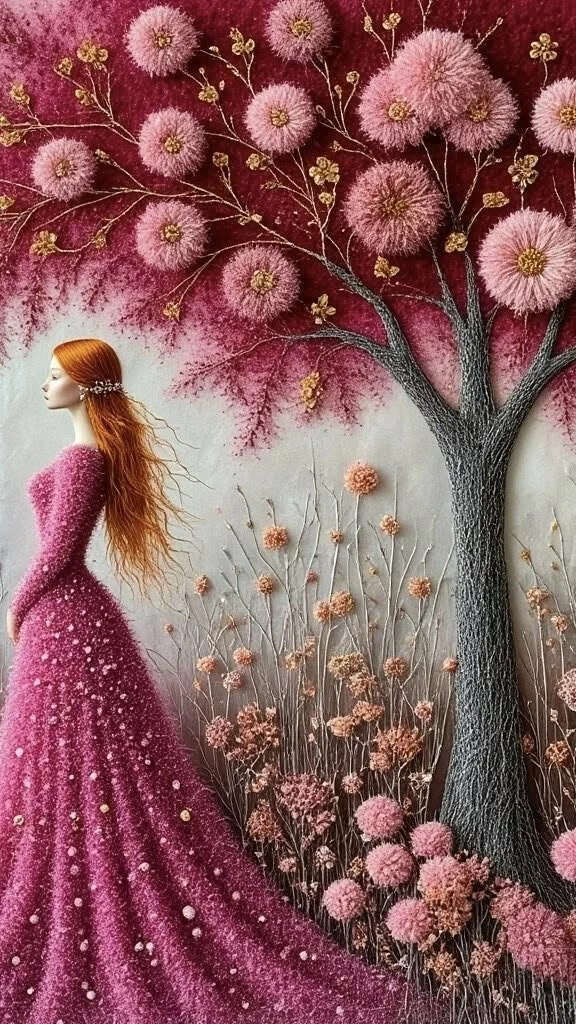 Elegant Woman in Textile Art Garden